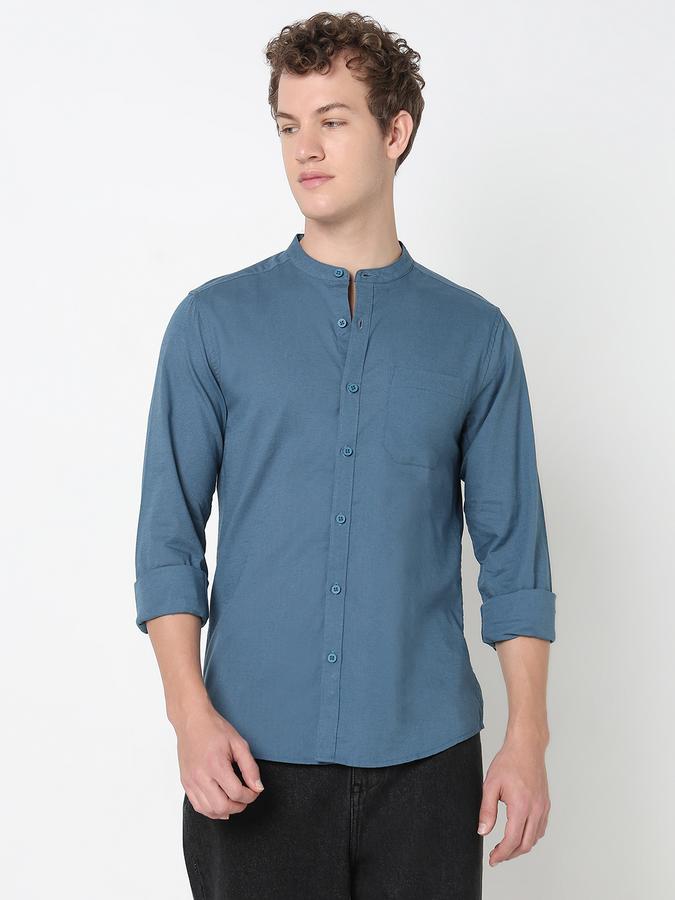 Men Cotton Slim Fit Mandarin Collar Solid Shirt